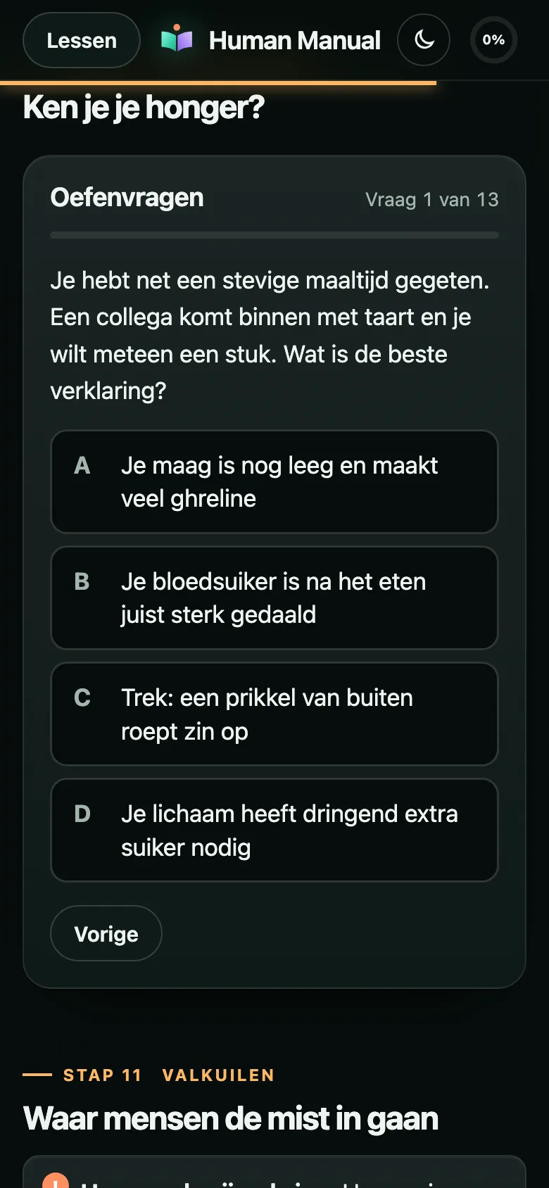 Een oefenvraag met vier antwoorden